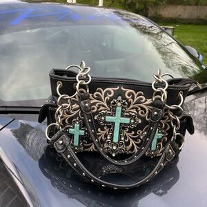 Montana West Black E
mbroidered Cross Accent Handbag with Turquoise Inlay